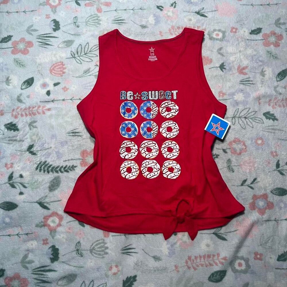 Y2K Kidcore Patriotic Glittery Donut Red White Blue Tie-Front Tank Top Kids XL